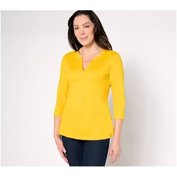 Isaac Mizrahi Live! Essentials Pima Cotton Split Neck Top Golden Hour 1X A674055 - Picture 1 of 1